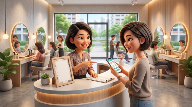 A Singapore hair salon receptionist points to a framed policy card on the counter while a smiling client books her next visit, styling chairs and an HDB shopfront visible behind them