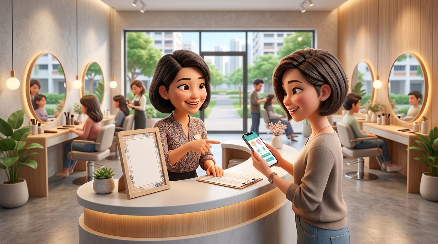 A Singapore hair salon receptionist points to a framed policy card on the counter while a smiling client books her next visit, styling chairs and an HDB shopfront visible behind them