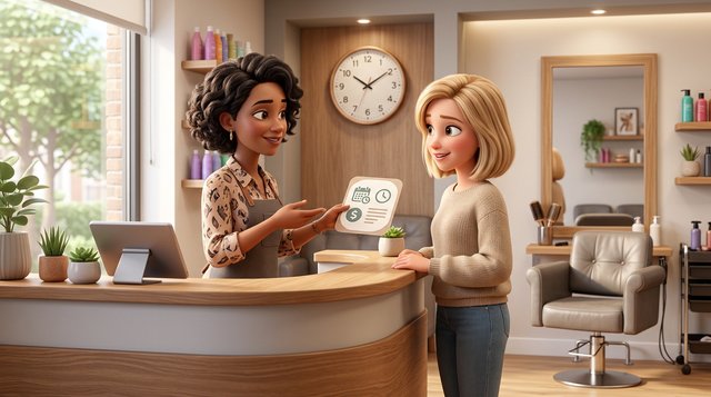 Illustration of a hair salon owner at the reception desk explaining her booking policy to a client, with an empty styling chair visible behind them