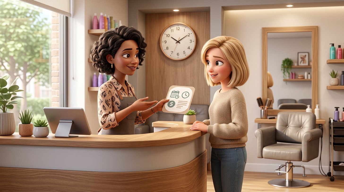 Illustration of a hair salon owner at the reception desk explaining her booking policy to a client, with an empty styling chair visible behind them