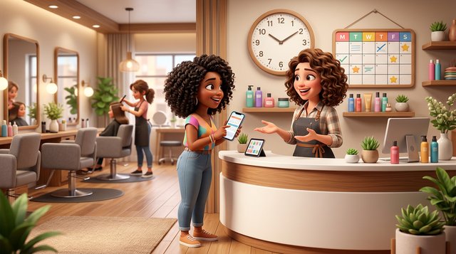 A hair salon owner at the reception desk of a bright American salon calmly discusses an appointment with a client holding her phone, a calendar and wall clock behind the desk