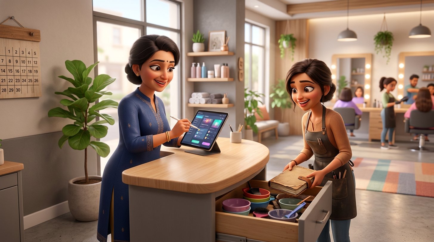 An Indian salon owner at her reception desk reviews a client list on a tablet while a colleague places a paper appointment notebook beside a tray of colour bowls