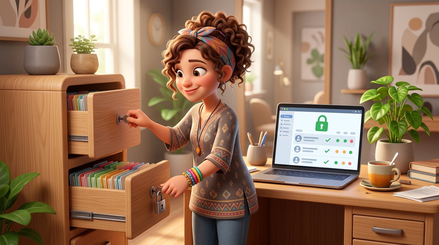 A hairdresser in a salon back office locks a filing cabinet of colour formula cards while a laptop on the desk shows a tidy client list with a padlock on screen