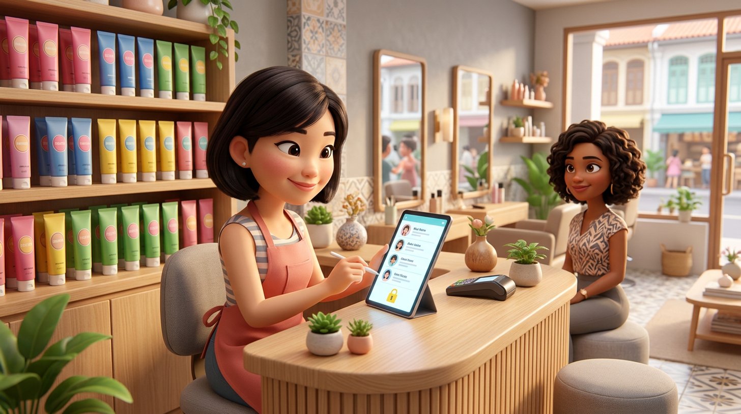 A hairdresser at a Singapore salon reception counter updates a client record on a tablet showing a client list with a padlock icon, neat rows of colour tubes beside her