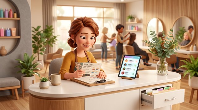 A hair salon owner at a reception desk in a bright Australian salon reviews a client record with colour notes on a tablet, a locked filing drawer beside her