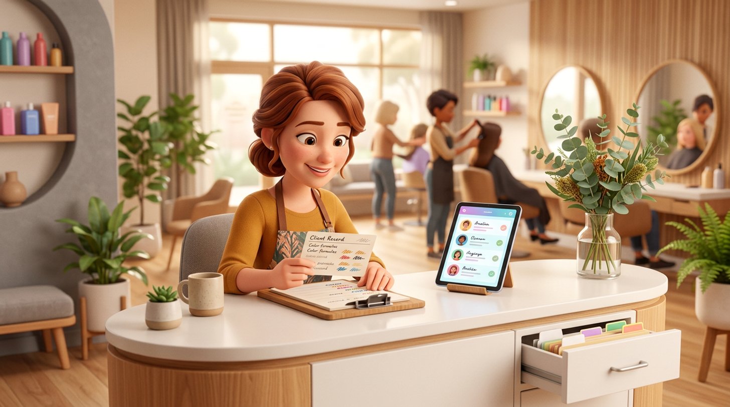 A hair salon owner at a reception desk in a bright Australian salon reviews a client record with colour notes on a tablet, a locked filing drawer beside her