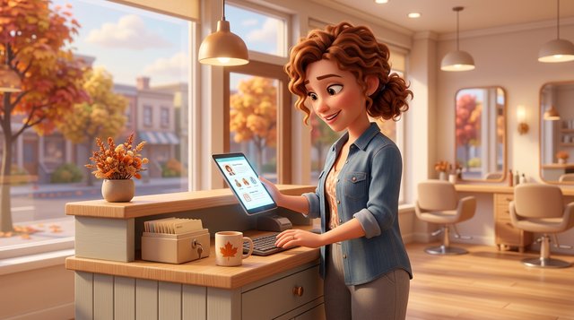 A hair salon owner at her reception desk reviews a client record with colour notes on a tablet, a locked card-index box and a maple leaf mug beside the keyboard