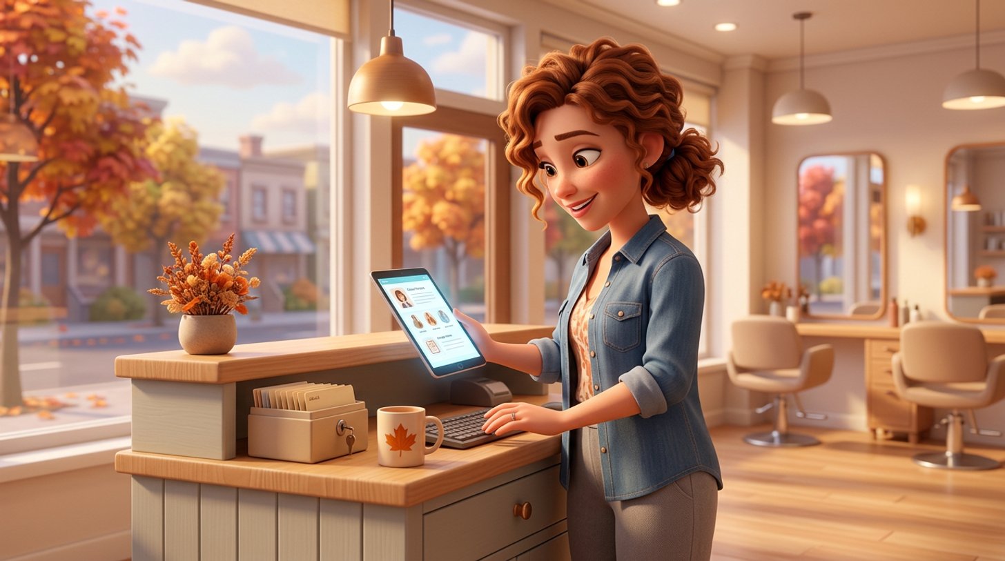 A hair salon owner at her reception desk reviews a client record with colour notes on a tablet, a locked card-index box and a maple leaf mug beside the keyboard