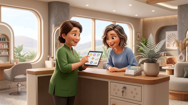 A hair salon owner at the reception desk of a bright New Zealand salon shows a client her own record on a tablet, colour notes visible and a fern plant beside the screen