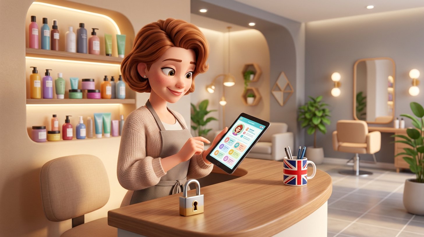 Illustration of a hair salon owner at her reception desk reviewing a client record on a tablet, a padlock on the counter symbolising data protection