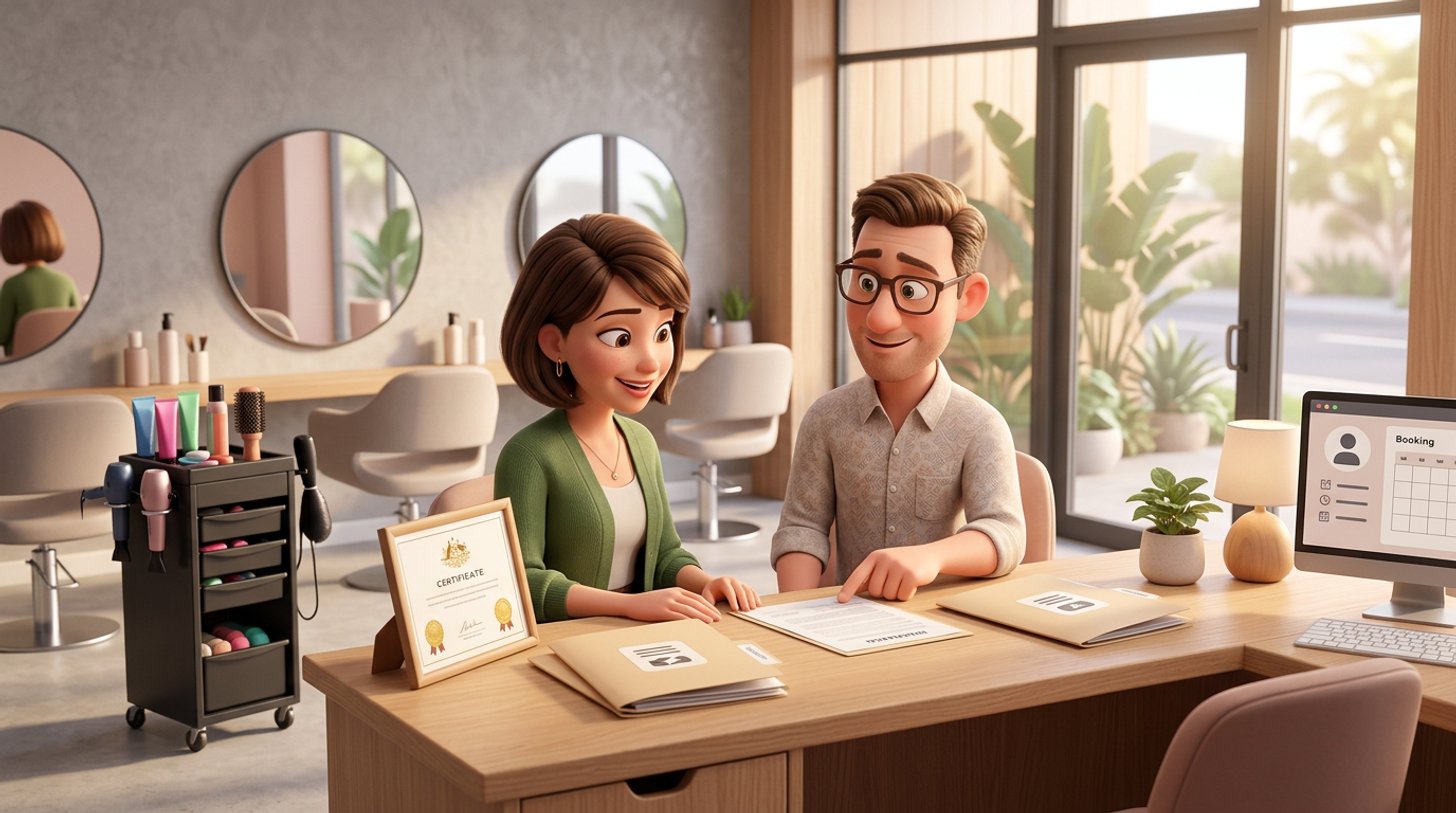 Illustration of an Australian hair salon owner at her front desk going through insurance paperwork with a broker, styling chairs and a colour trolley visible behind them