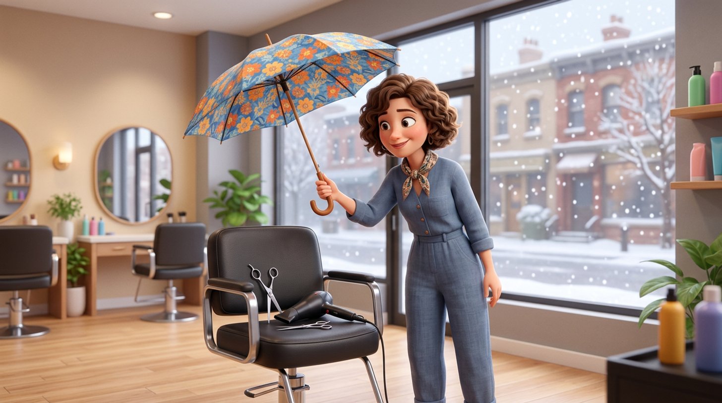 A hair salon owner holds an open umbrella over an empty styling chair with scissors and a hair dryer resting on it, snow falling outside the salon window