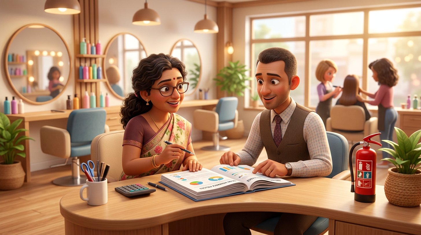An Indian hair salon owner and an insurance adviser review policy documents at the reception desk, styling chairs and round mirrors behind them and a fire extinguisher on the wall