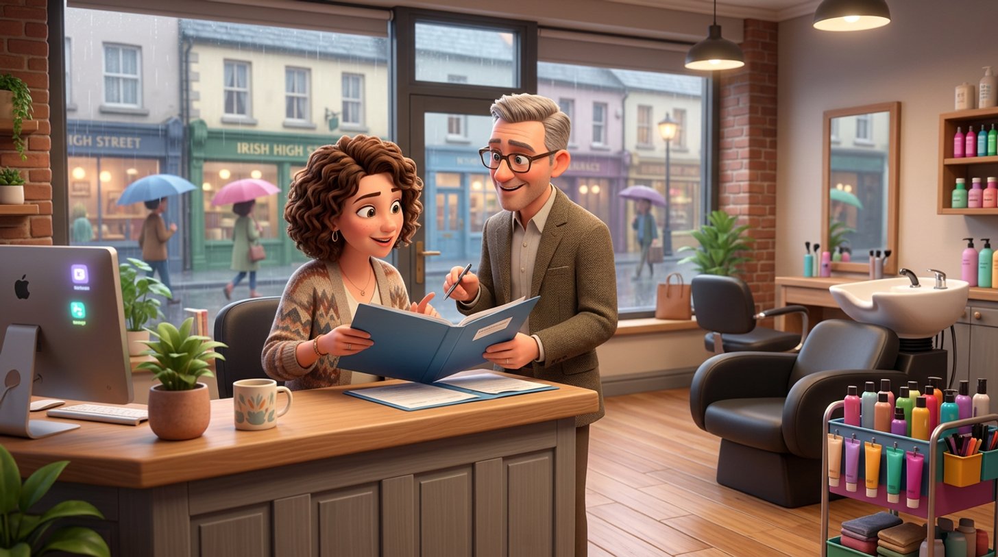 A hair salon owner at her reception desk reviews an insurance folder with a broker, a styling chair, backwash basin and colour trolley behind them and rain on the window of the Irish street outside