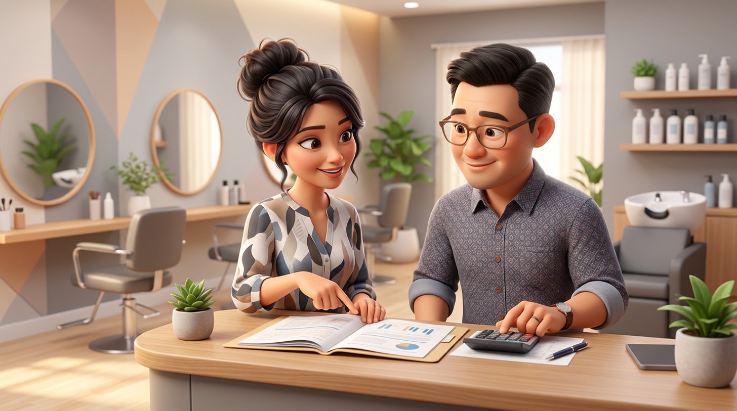 Illustration of a Malaysian hair salon owner and an insurance broker reviewing policy documents at the reception desk of a bright shoplot salon, styling chairs and a backwash basin behind them