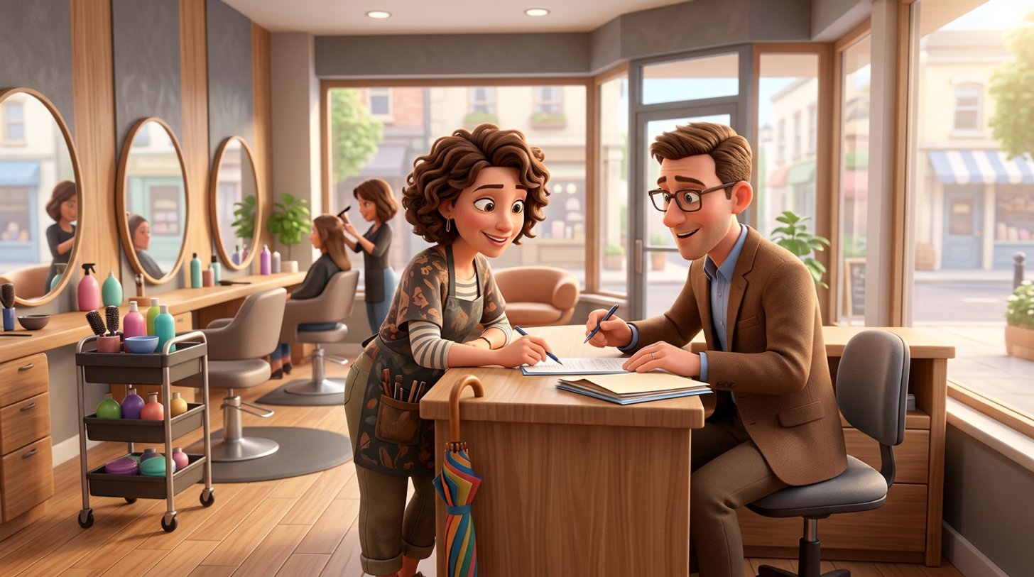 Illustration of a New Zealand hair salon owner reviewing insurance paperwork with a broker at the reception desk, an umbrella leaning against the counter and styling chairs behind them