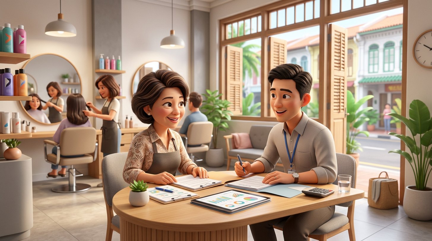 Illustration of a Singapore hair salon owner reviewing insurance documents with an adviser at the reception desk, styling chairs and a shophouse window behind them