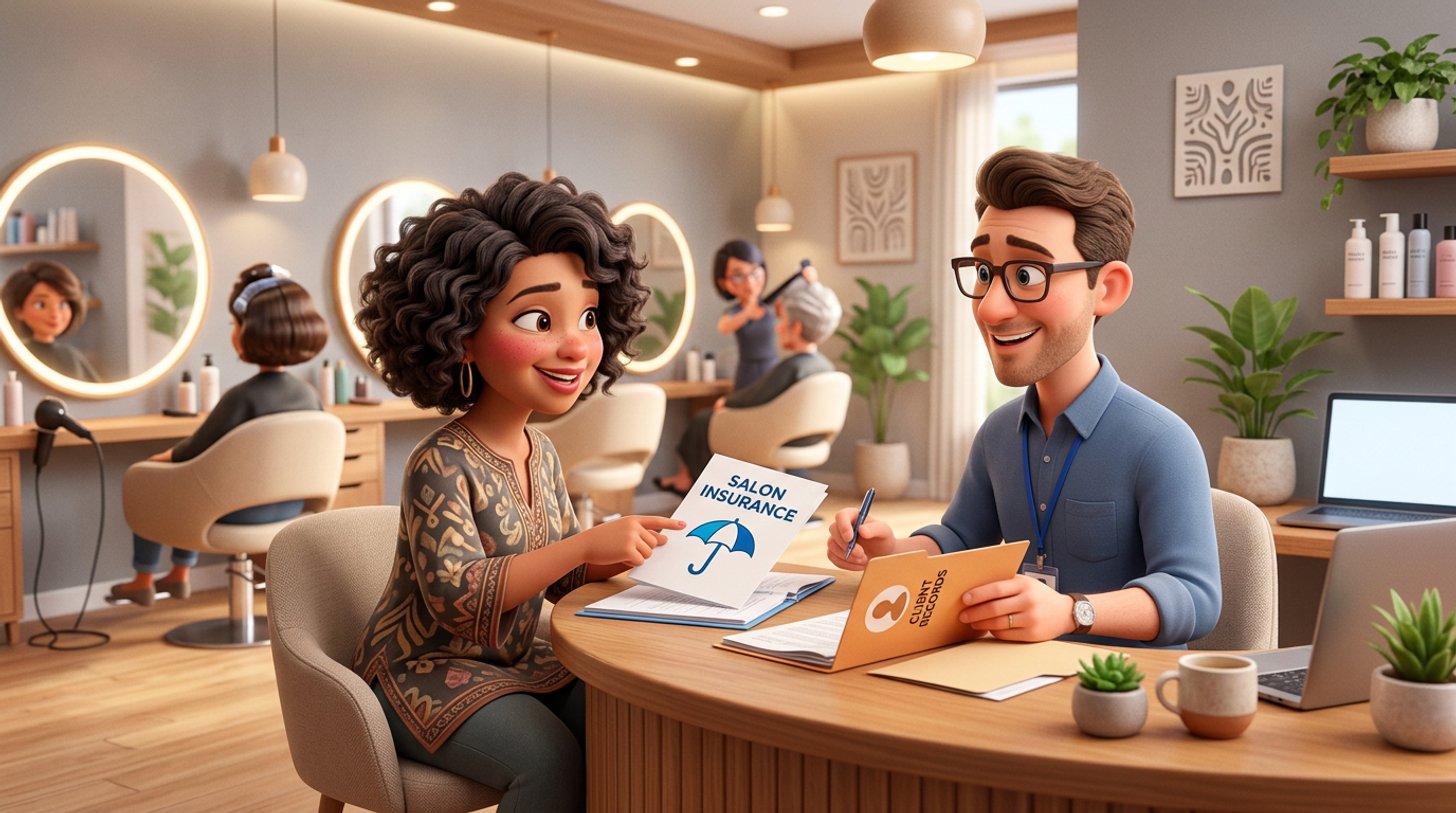 Illustration of a hair salon owner at her reception desk reviewing insurance documents with an adviser, styling chairs and a client record folder in the background