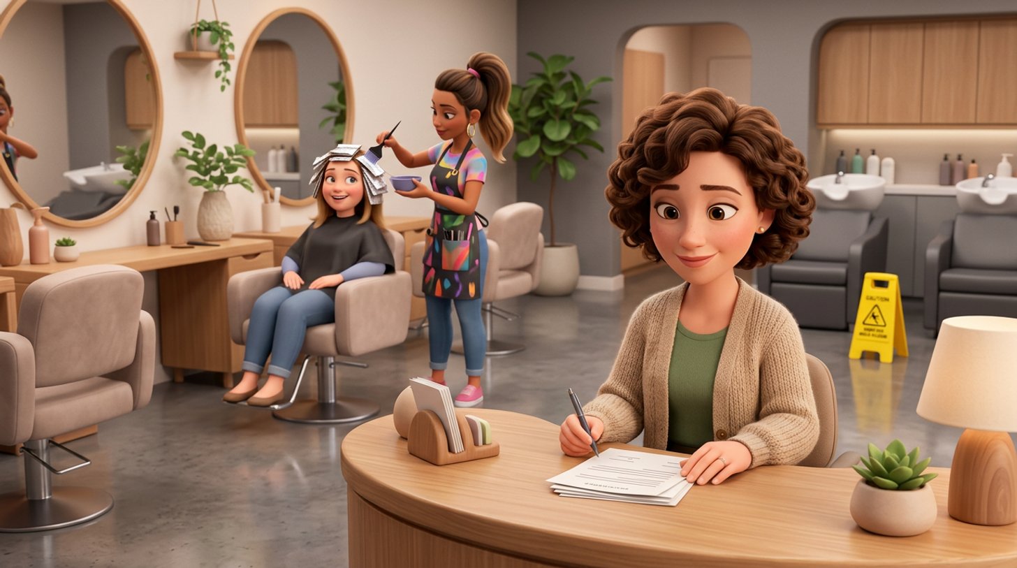 A hair salon owner reviews insurance paperwork at her reception desk while a stylist colors a client's hair in the bright salon behind her