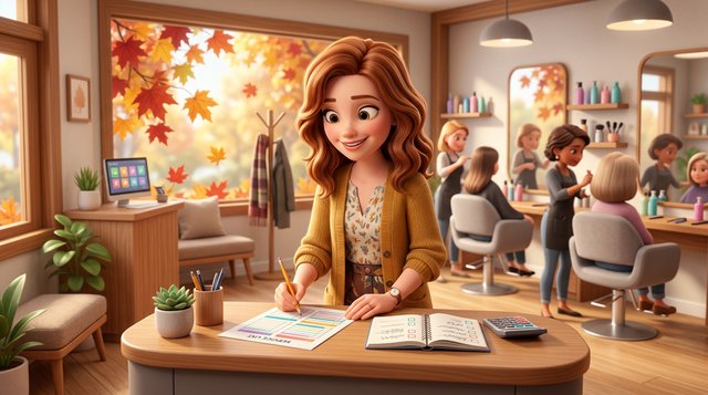 A hair salon owner updates her printed price list at the reception desk of a bright Canadian salon, calculator and notebook at hand, autumn maple leaves visible through the window