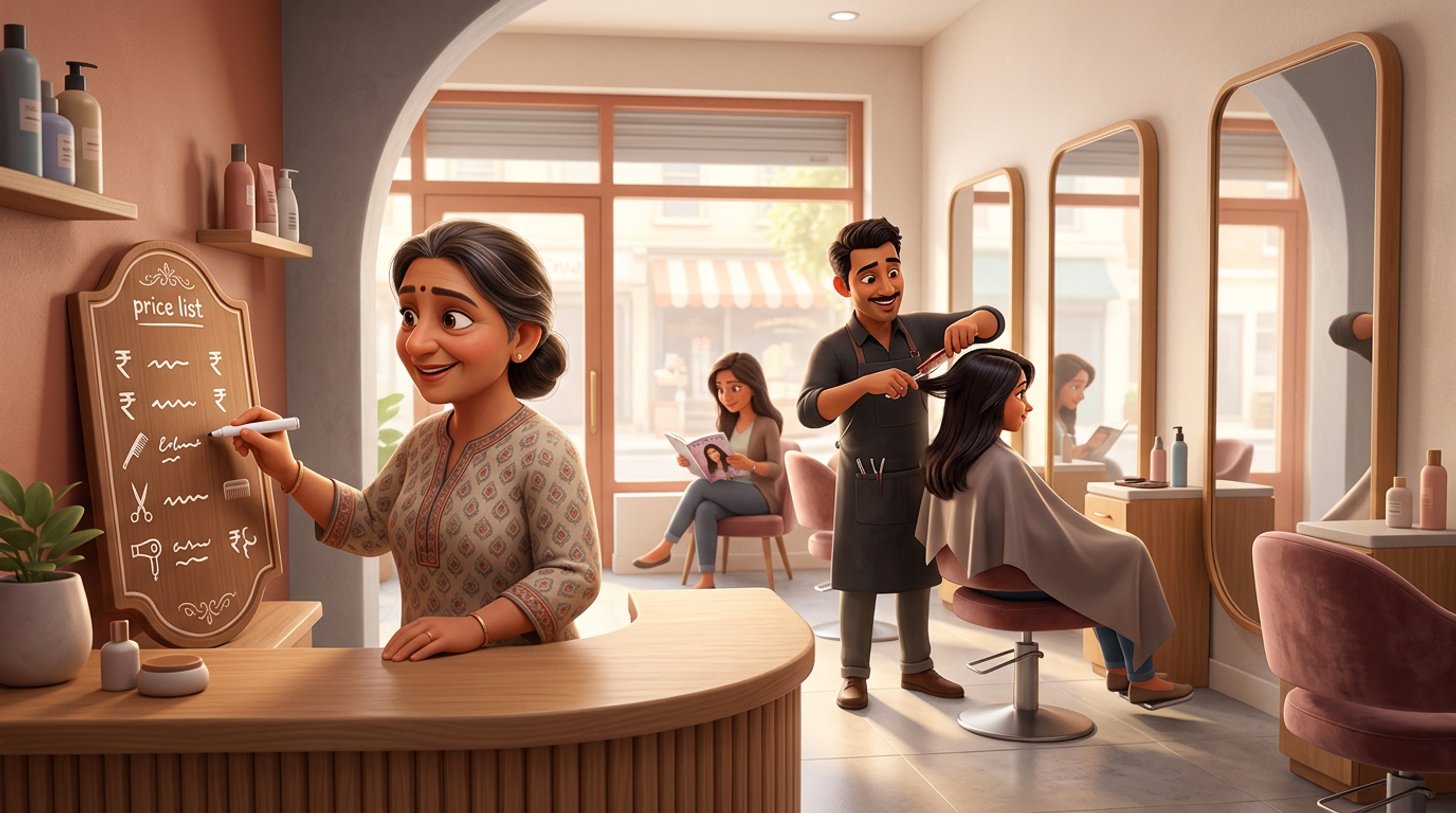An Indian hair salon owner writes a new price list on a board at her reception counter while a stylist cuts a client's hair between the mirrors behind her