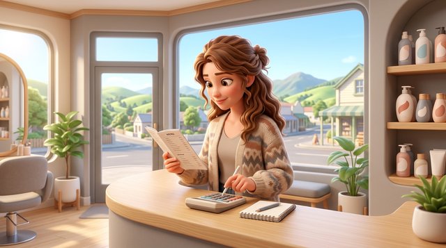 A hair salon owner studies her service menu and a calculator at the reception desk of a bright modern New Zealand salon