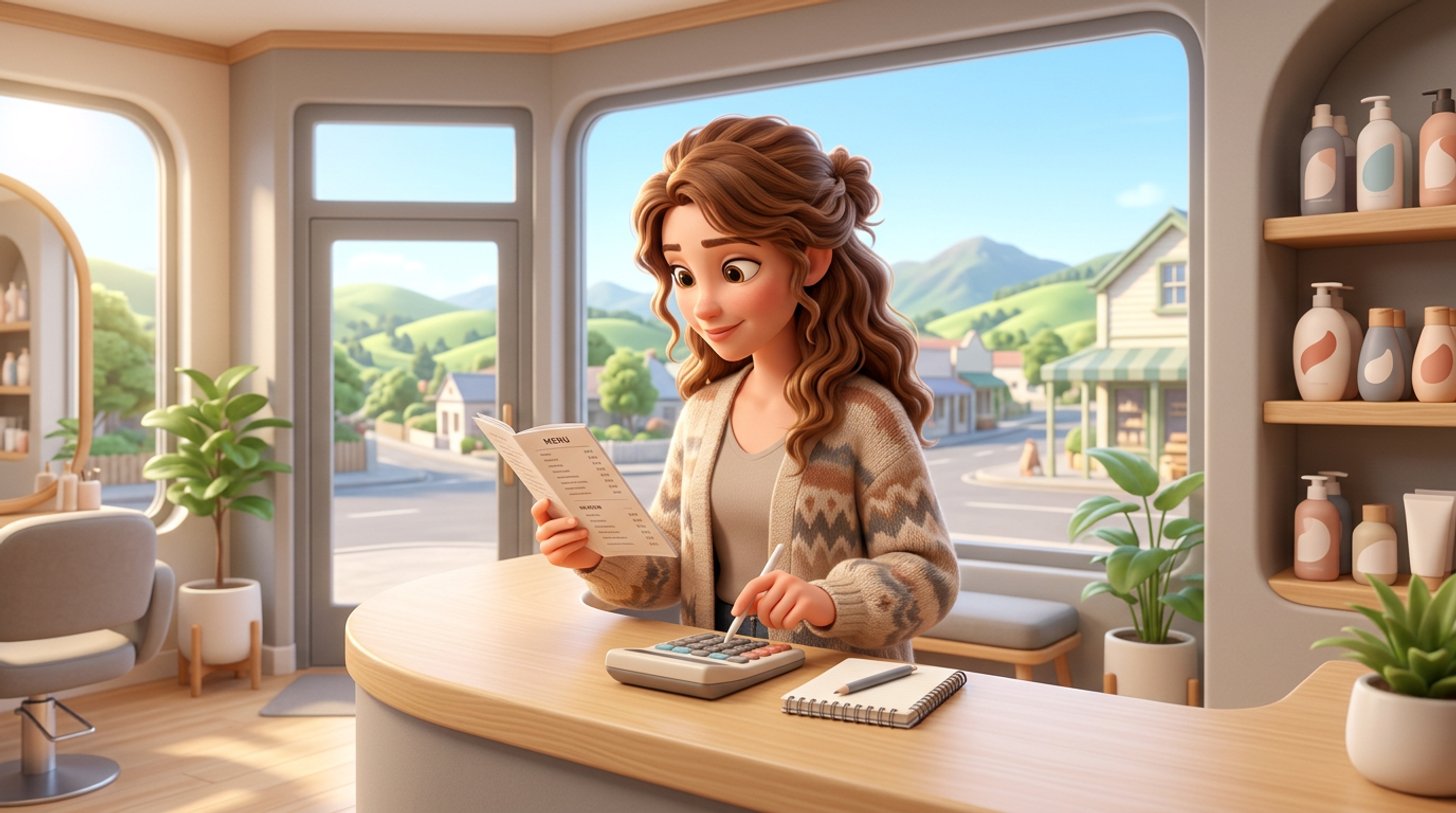 A hair salon owner studies her service menu and a calculator at the reception desk of a bright modern New Zealand salon
