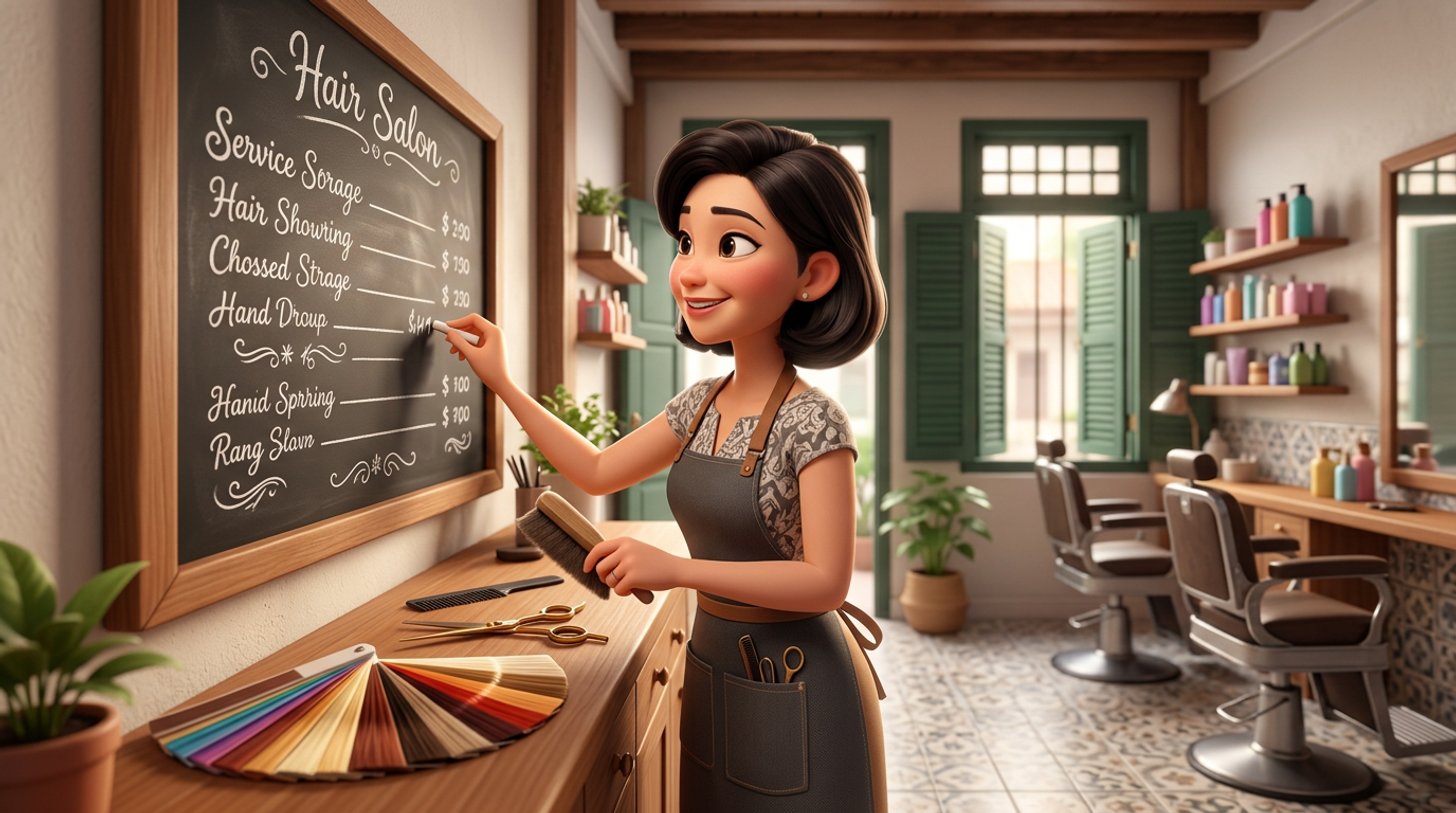 A hair salon owner updates a chalkboard price list in a bright Singapore shophouse salon, scissors and colour swatches on the counter beside her