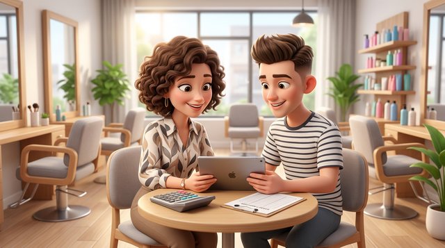 A hair salon owner and a young hairdresser go through a pay offer on a tablet at a small table in a bright salon, a calculator and a printed roster beside them