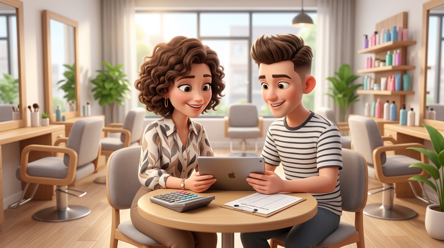A hair salon owner and a young hairdresser go through a pay offer on a tablet at a small table in a bright salon, a calculator and a printed roster beside them