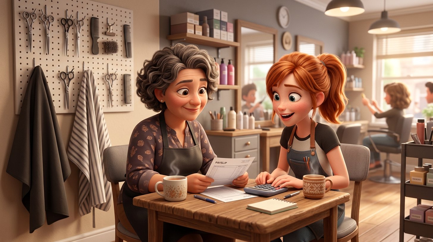 Illustration of a hair salon owner and a young stylist going through a payslip together at the staff room table, scissors and capes hanging on the wall behind them