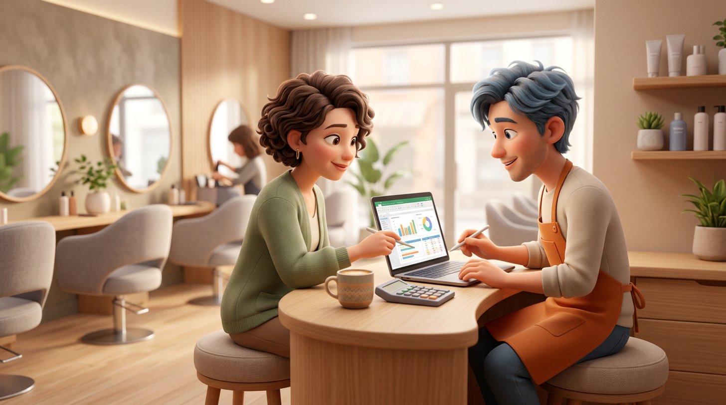 A New Zealand salon owner and a hairdresser review a payroll spreadsheet together on a laptop at the reception desk of a bright salon