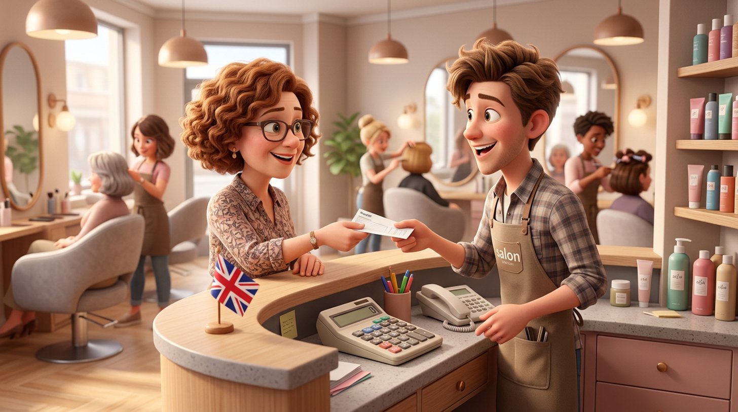 Illustration of a hair salon owner handing a payslip to a smiling young stylist at the reception desk, a calculator resting beside the till