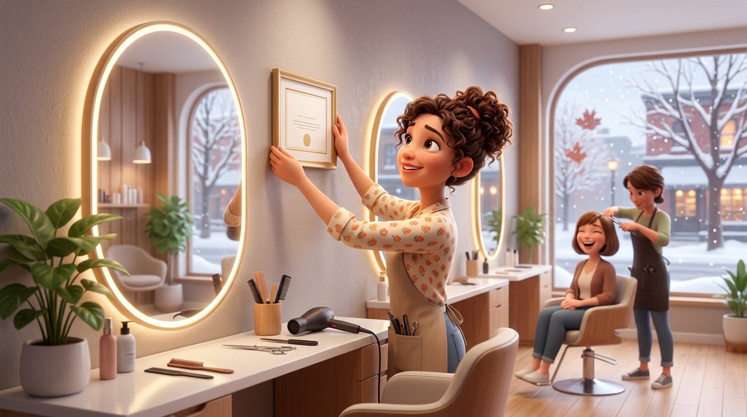 A proud hairstylist hangs a framed certificate beside her styling station in a bright Canadian hair salon, a colleague cutting a client's hair near the window, snow and a maple tree outside