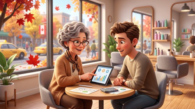 A hair salon owner and a young stylist review a pay offer on a tablet at a small table in a bright salon, a calculator and papers beside them, red maple leaves visible through the window