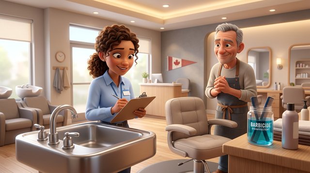 A public health inspector with a clipboard checks the hand-washing sink of a bright Canadian hair salon while the owner stands by her styling chair, combs soaking in disinfectant on the counter