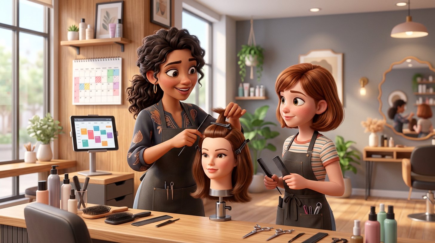 A salon owner shows a young apprentice how to section hair on a training mannequin at a styling station in a bright modern Australian hair salon