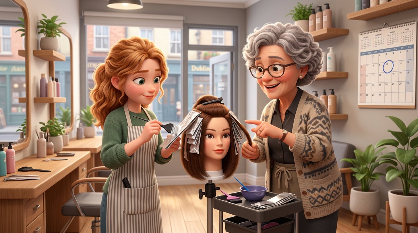 A senior stylist mentors a young apprentice practising foil placement on a training mannequin in a bright Irish hair salon, a college timetable pinned to the wall behind them