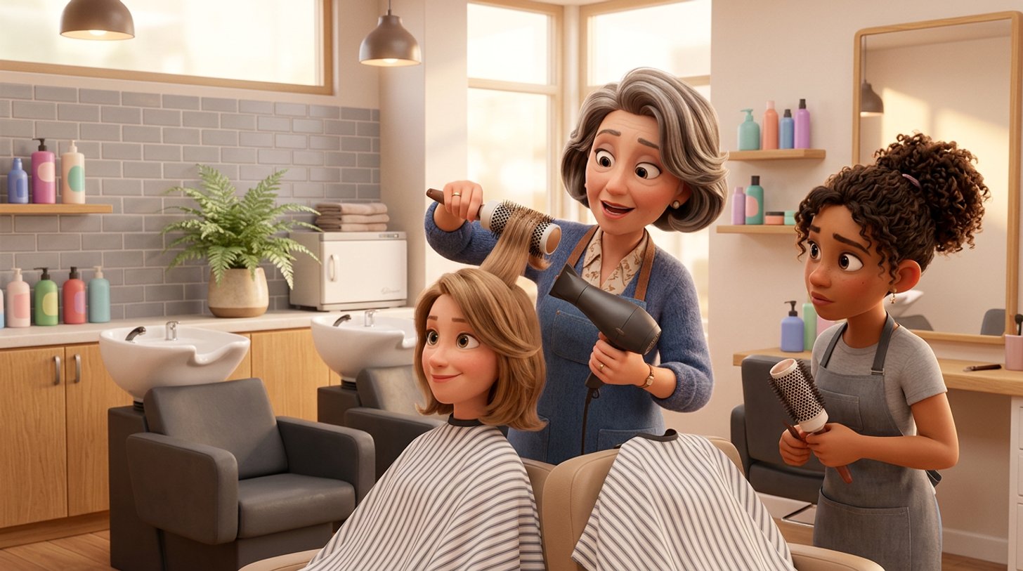 A senior hairdresser shows a young apprentice a blow-wave technique on a client beside the basins of a bright modern New Zealand hair salon