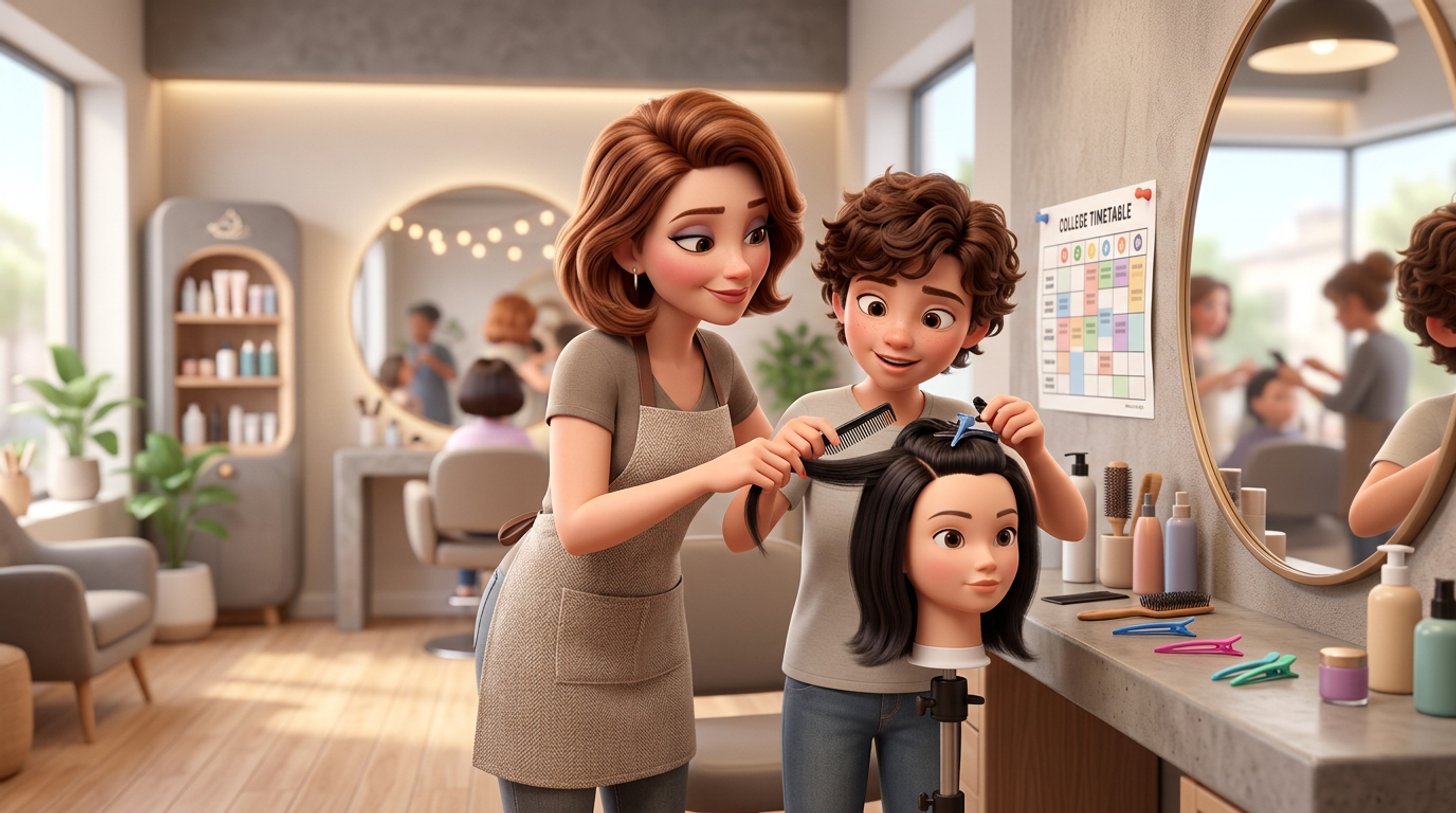 Illustration of a hair salon owner guiding a young apprentice who practises sectioning hair on a training mannequin head at a styling station