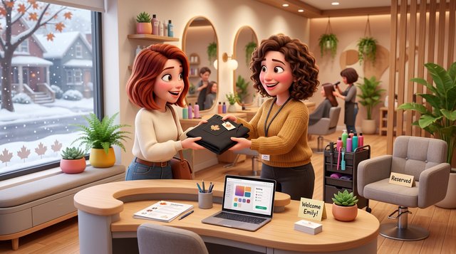 A Canadian salon owner welcomes a new stylist on her first day, handing over a fresh apron at the reception desk while paperwork waits beside a laptop