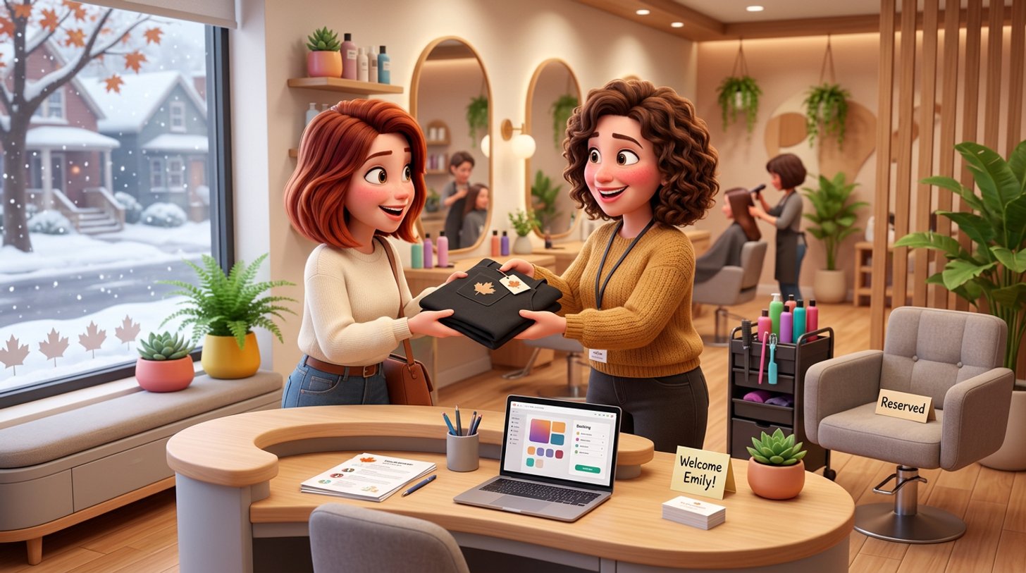 A Canadian salon owner welcomes a new stylist on her first day, handing over a fresh apron at the reception desk while paperwork waits beside a laptop