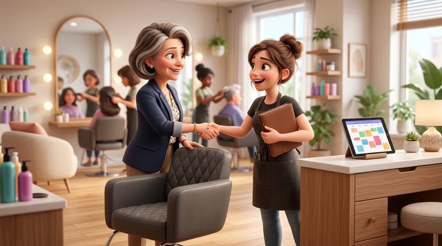 A hair salon owner welcomes a young hairdresser holding a folder, shaking hands beside a styling chair in a bright modern Australian salon