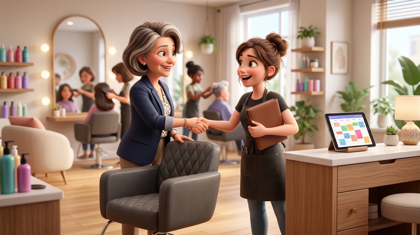 A hair salon owner welcomes a young hairdresser holding a folder, shaking hands beside a styling chair in a bright modern Australian salon