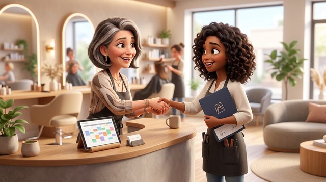 A New Zealand salon owner welcomes a new hairdresser at the reception desk of a bright modern hair salon, handing over a signed employment agreement folder