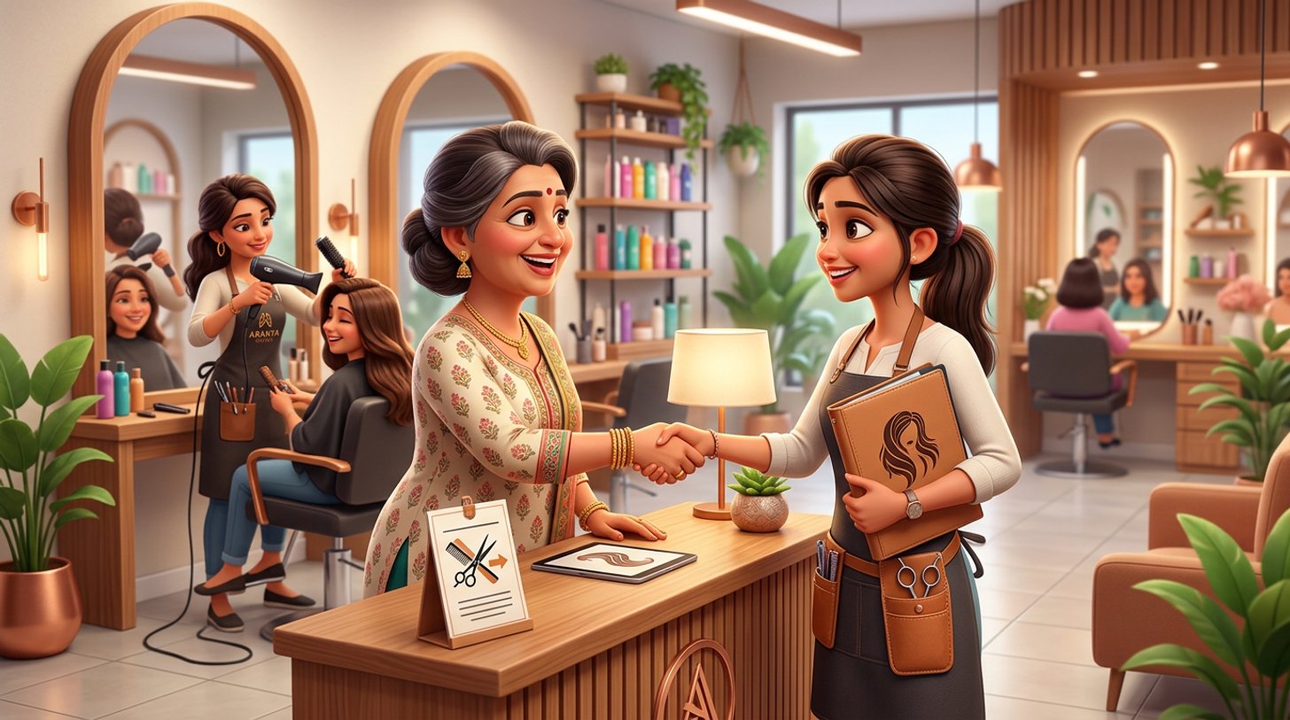 An Indian hair salon owner shakes hands with a young stylist holding her scissors case at the reception desk, while another stylist blow-dries a client between the mirrors behind them