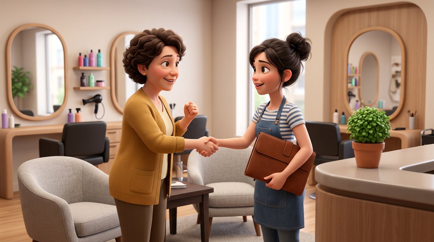 An Irish salon owner shakes hands with a young hairdresser holding a portfolio, in the interview corner of a bright modern hair salon