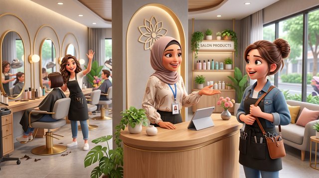 A Malaysian salon owner welcomes a new stylist carrying her scissors pouch at the reception desk of a bright hair salon