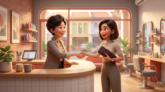 A Singapore salon owner shakes hands with a young stylist holding her shears case over coffee at the salon reception