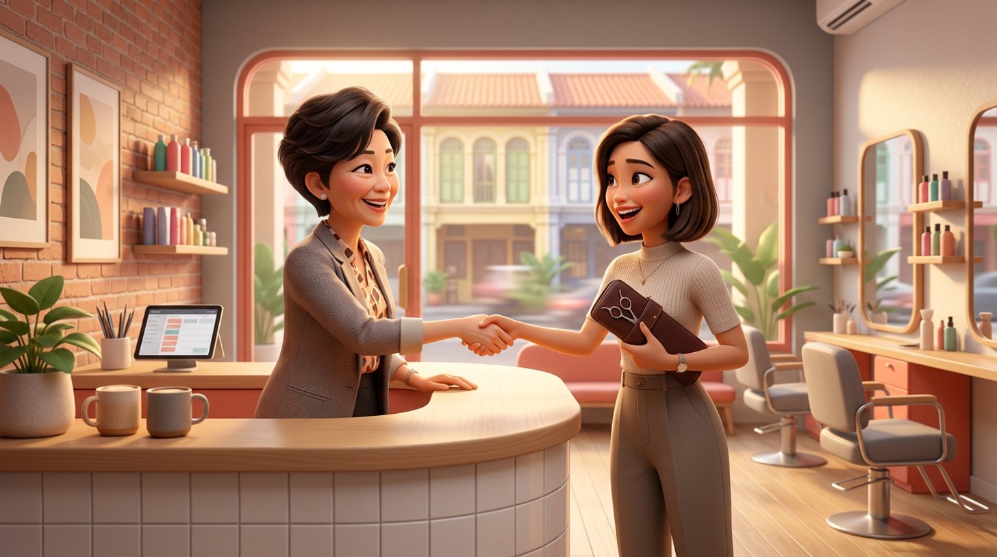 A Singapore salon owner shakes hands with a young stylist holding her shears case over coffee at the salon reception